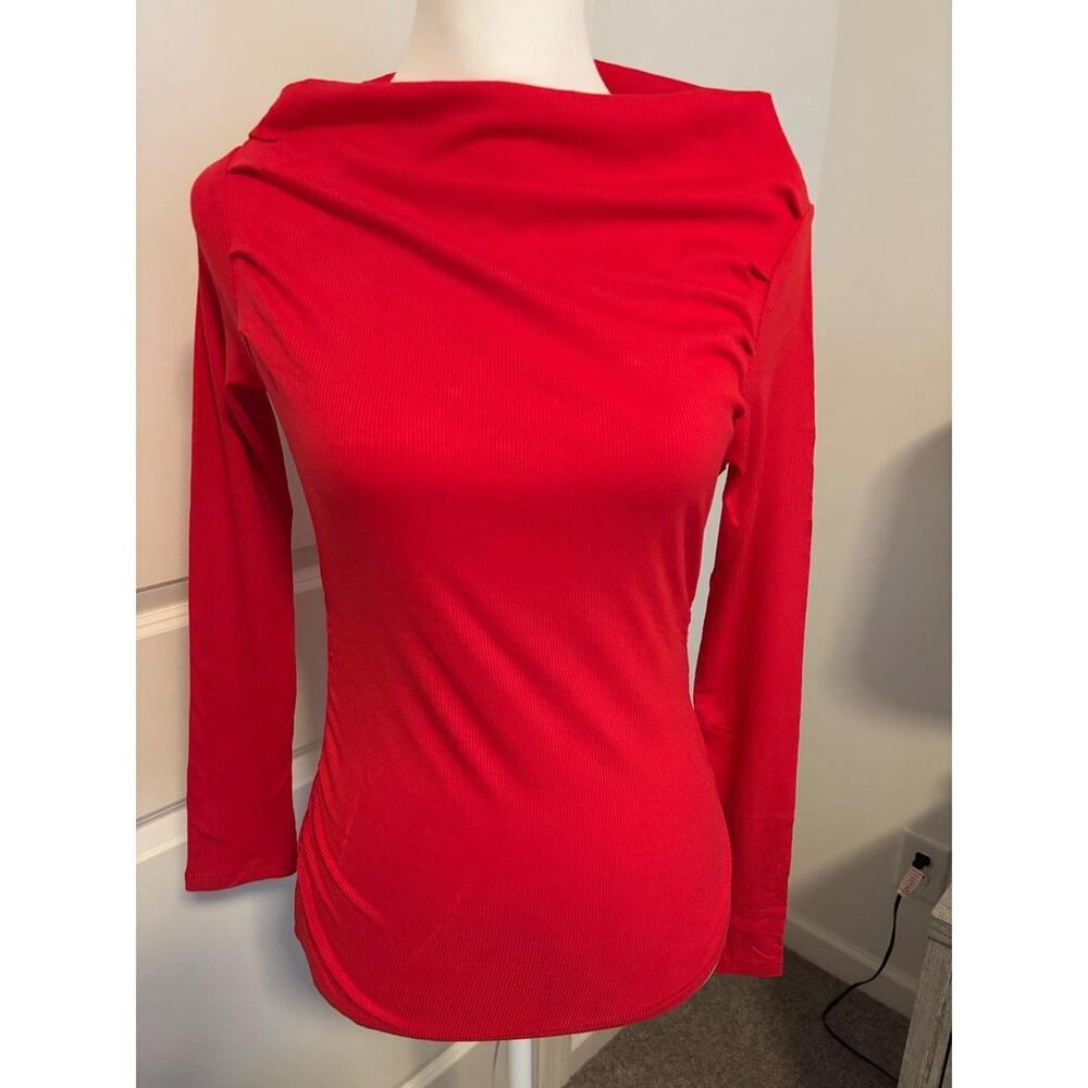 NWT Tarse Red Ribbed Cowl Neck Long Sleeve Ruched Side Top Casual Basic SZ‎ S